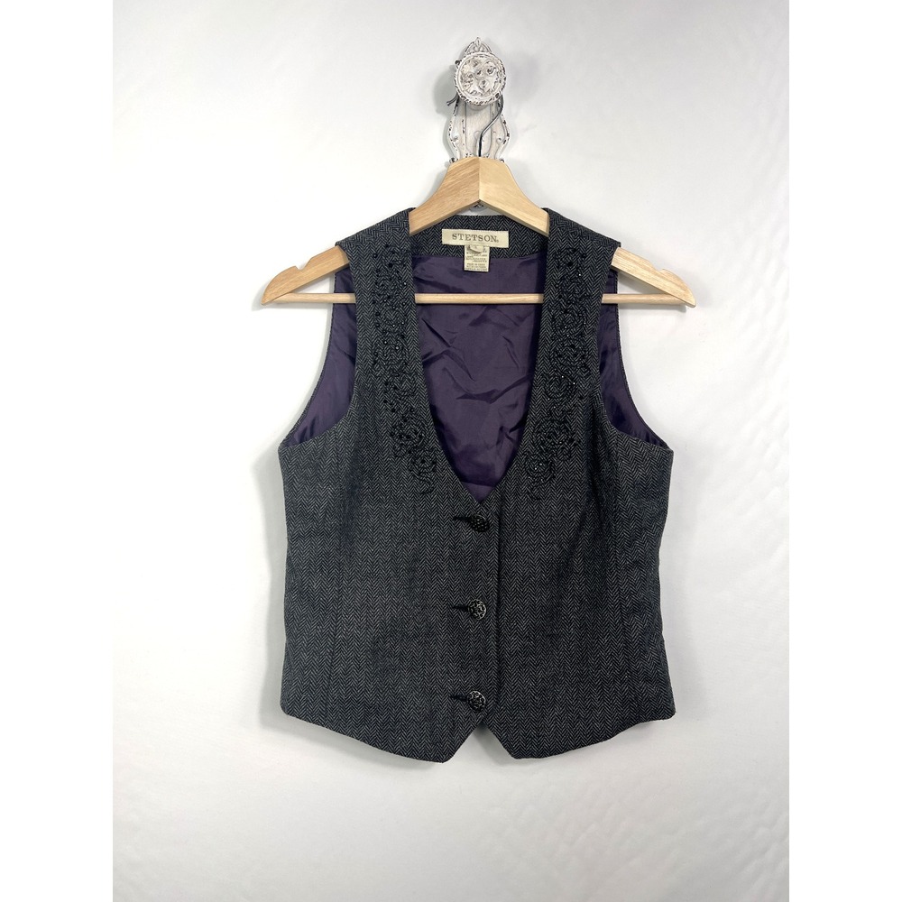 Stetson Women's Vest Button Down Embellished S Gray & Black Western